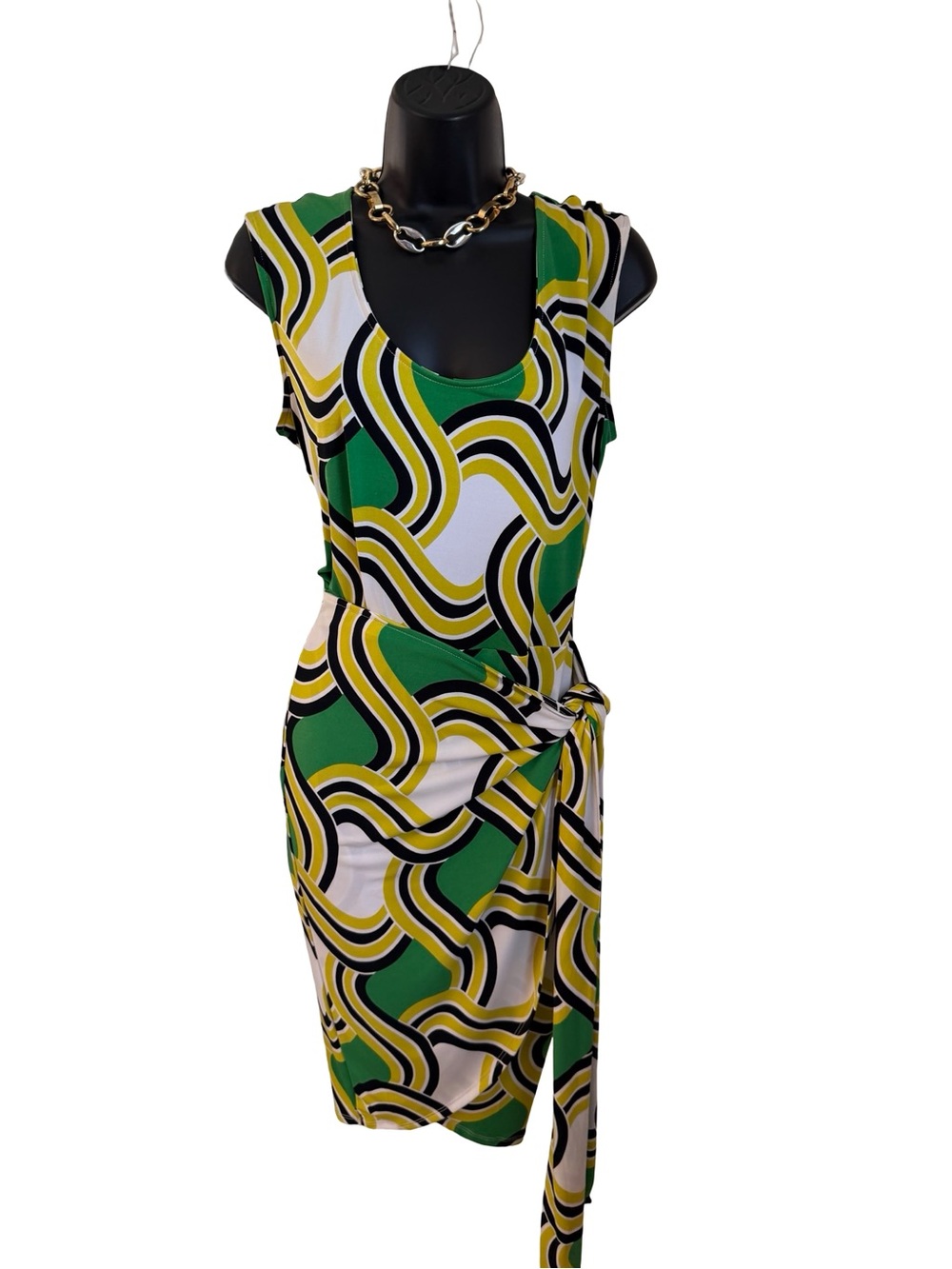 NWT New York & Co Green  & White Geometric Tie-Waist Sleeveless Dress